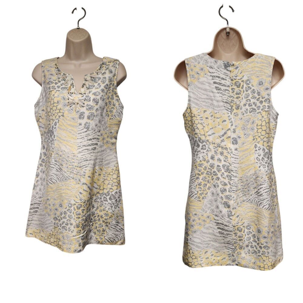 Ruby Rd. Beaded Notched V-Neck Floral Linen Shift Dress White Size 6P